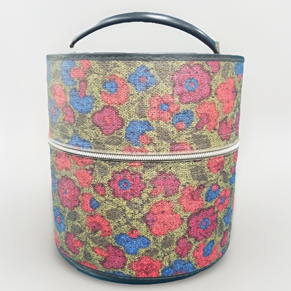 Vintage Floral Tapestry Hat Box Vanity Case Round Travel Bag Pink‎ Blue 60s 70s